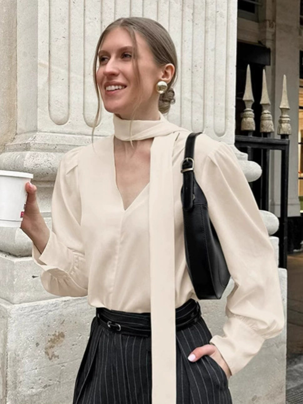 Forever 21 Office Tie Neck Chiffon Blouse Summer Apricot Long Sleeve